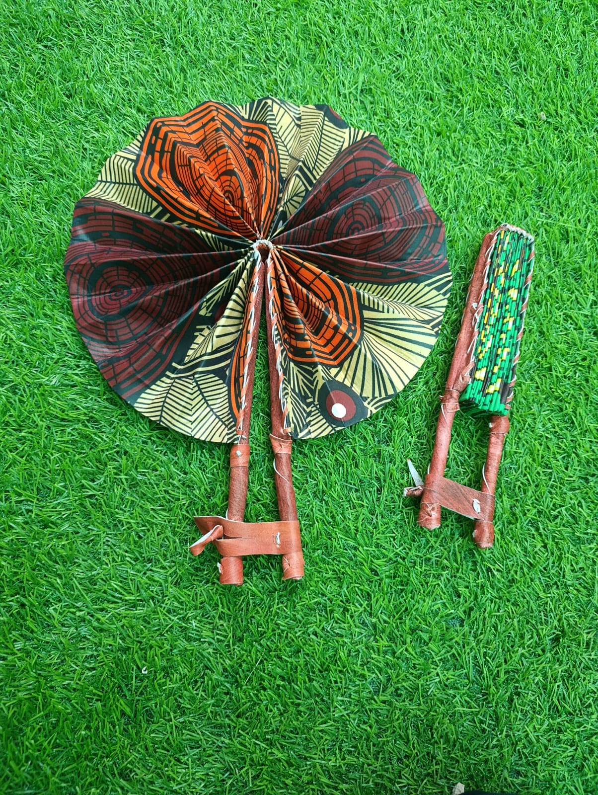 Foldable African Ankara Folding Hand Fan with Leather Handle