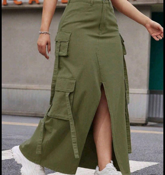 Women's Beige Safari Long Cargo Skirt