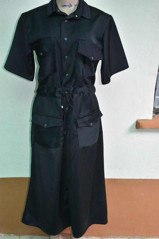 Short-Sleeve Button-Down Drawstring Maxi Shirt Dress