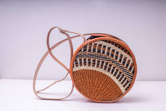 Sisal Boho Round African Bag with Leather Handle Hand Woven Kiondo