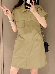 Women's Elegant Knee-Length Cargo Shirt Dress