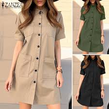 Women's Elegant Knee-Length Cargo Shirt Dress