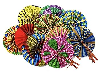 Foldable African Ankara Folding Hand Fan with Leather Handle