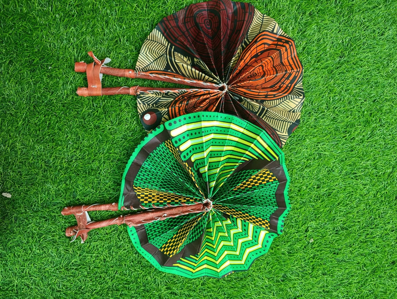 Foldable African Ankara Folding Hand Fan with Leather Handle