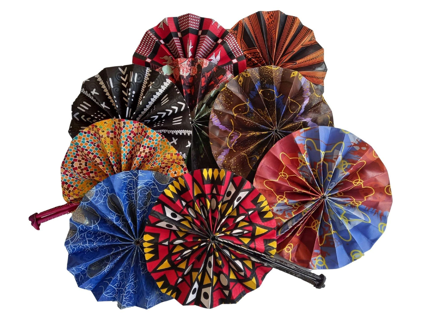 Foldable African Ankara Folding Hand Fan with Leather Handle
