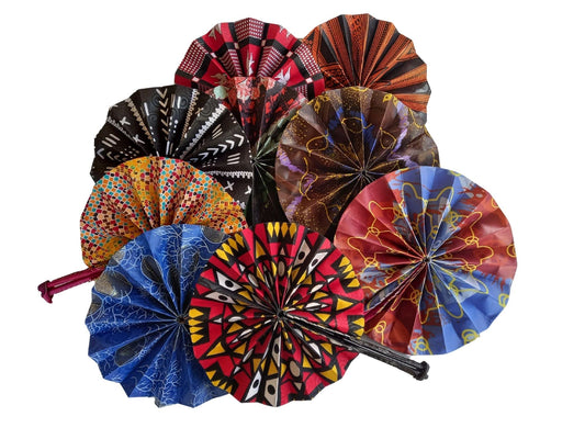 Foldable African Ankara Folding Hand Fan with Leather Handle