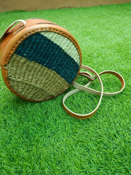 Sisal Boho Round African Bag with Leather Handle Hand Woven Kiondo