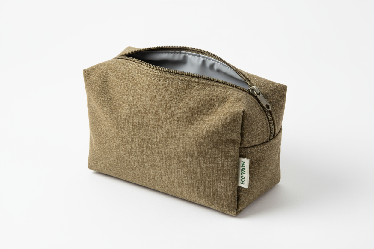khaki bag made from recycled khaki fabrics a pouch with zipper for toletries while travelling and waterproof inside