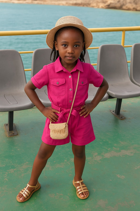 Kids' Cute Button-Down Romper with Belt.