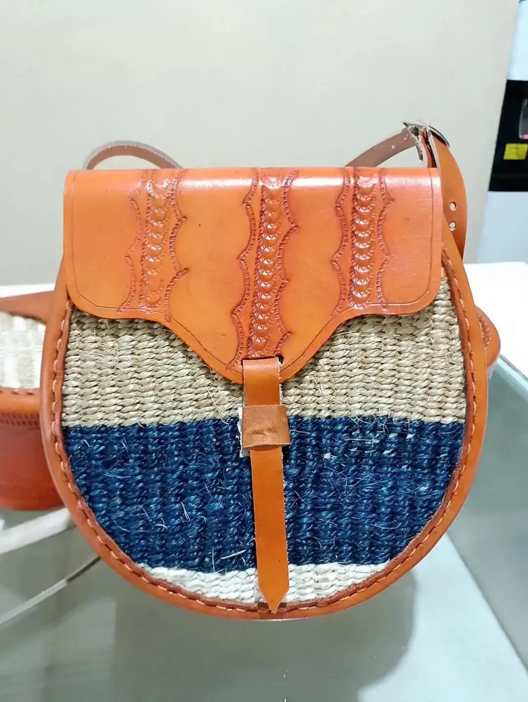 Woven Sisal Boho Oval African Crossbody Bag with Leather Handle Kiondo