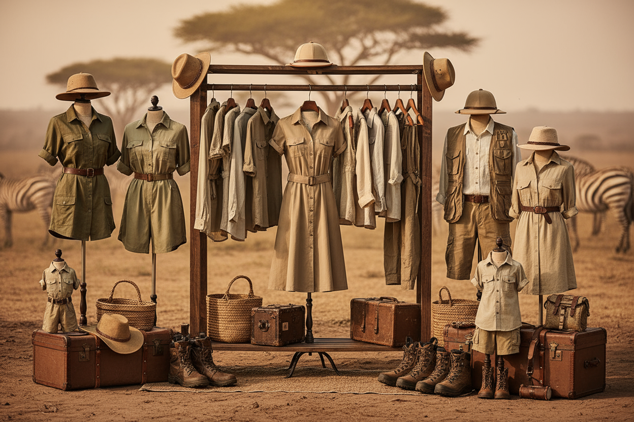 Safari wear Experience the wild in style with our safari collection; crafted for comfort, protection, and timeless adventure. From breathable khaki shirts dresses, shorts to rugged trousers and wide-brim hats, each piece blends practicality with an authentic safari look, perfect for game drives or nature expeditions.for men and ladies/won and kids